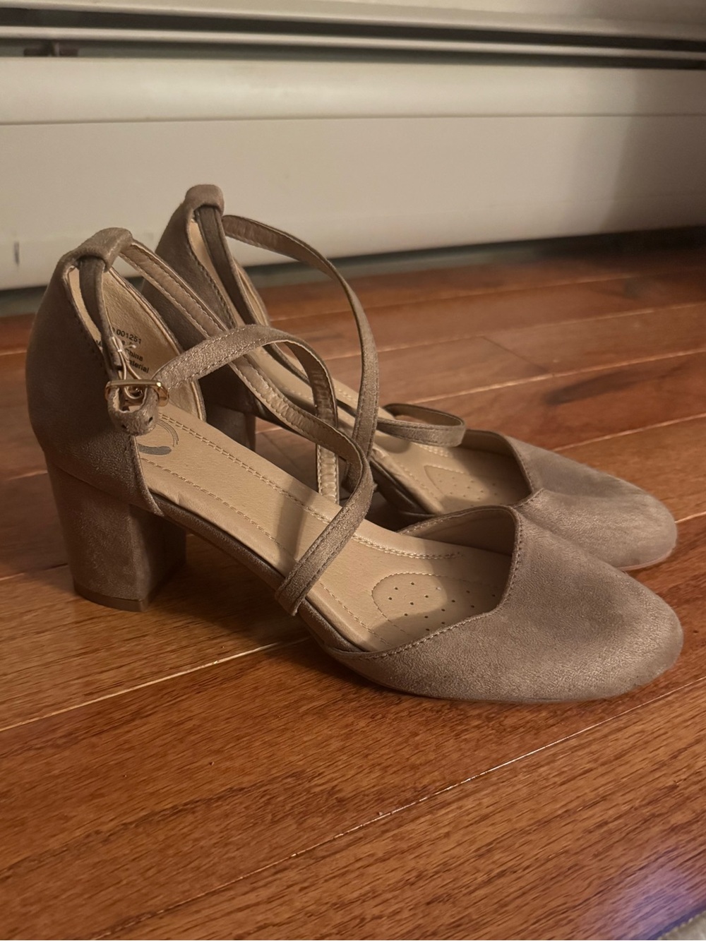 Taupe Suede Block Heel Cross-Strap Pumps